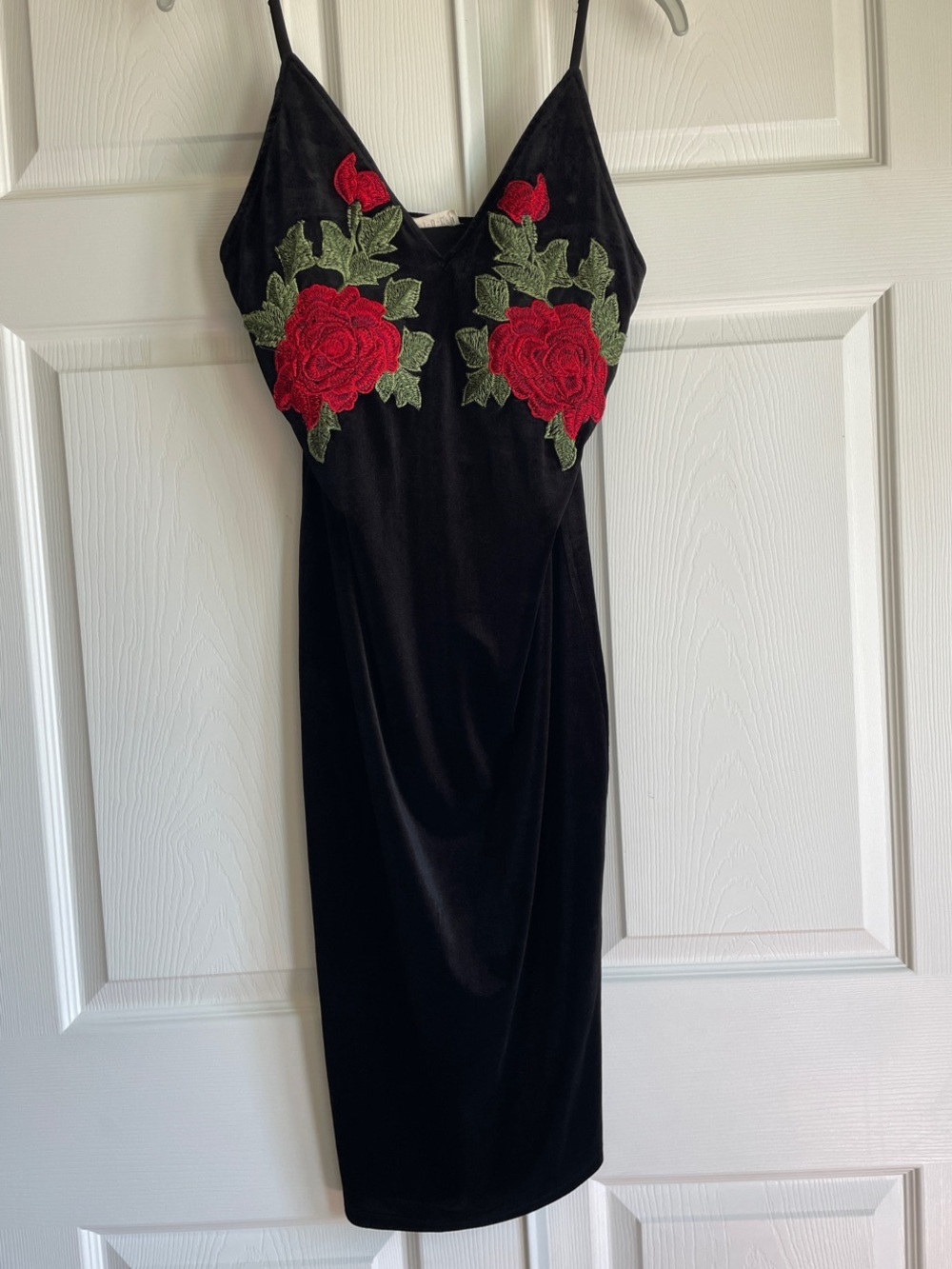 Black Velvet Midi Dress with Red Rose Embroidery